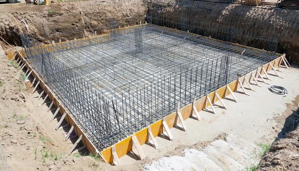 Concrete foundation footings formed and reinforced